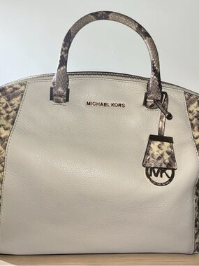 Michael Kors Sutton Satchel Cream Pebbled Leather Python Trim MK Dome Bag